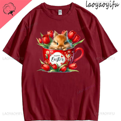 Bunny with Sunglass Unisex Retro Aesthetic T-shirt Funny. Happy Easter Bunny,  Cotton Tshirt, Ears  and Cute Rabbit