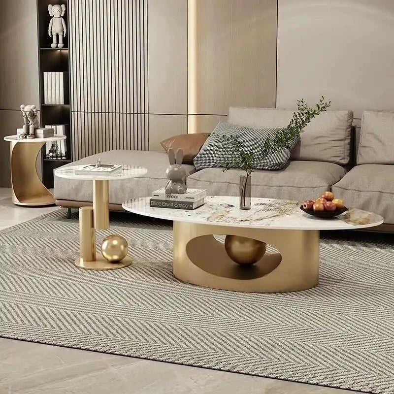 Modern Marble Effect Coffee Tables, Luxury Legs  of  Metal.  Nordic Oval Side Table White Premium Table, Home Furniture