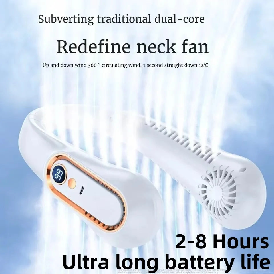 8000mAh USB Hanging Neck Fan Portable, Bladeless,  Mini Rechargeable Mute LED Digital Display, Electric Air Cooler.  Low stock on 1 blue style.  Others have good numbers in stock