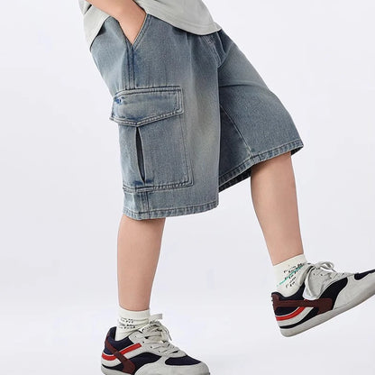 Teen Boys Denim Shorts,  Solid Color,  Big Pocket,Thin Jeans /Pants For 4-14 Year old  BOYS