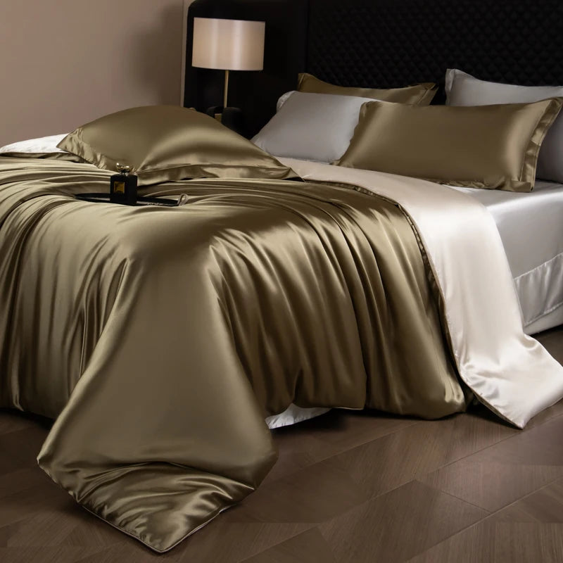 Silk Bed Sheets Set,   Luxury Bedding Set with Duvet Cover,  Fitted/Flat Bedsheet,  Pillowcases, Mixed with Rayon, King /Queen/ Full T/win