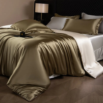Silk Bed Sheets Set,   Luxury Bedding Set with Duvet Cover,  Fitted/Flat Bedsheet,  Pillowcases, Mixed with Rayon, King /Queen/ Full T/win