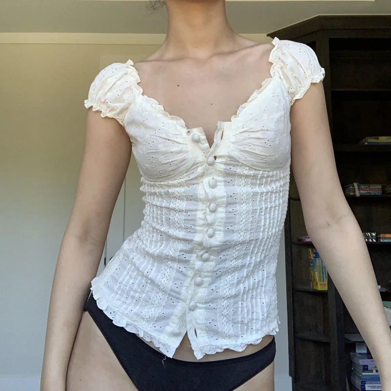 Womens/Girls Frilly Strapless T- Shirt.   Puff Short Sleeve V-Neck,  Button-Down Blouses.