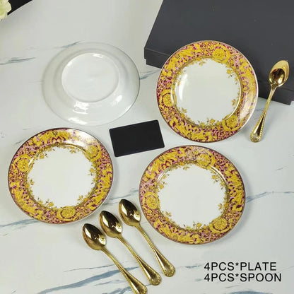 Golden Edge Luxury Tableware Set, Western Dinner Plate, Steak Flat Tray, Bone China Dinnerware Set, Coffee Cup, 10 ", 8" plates