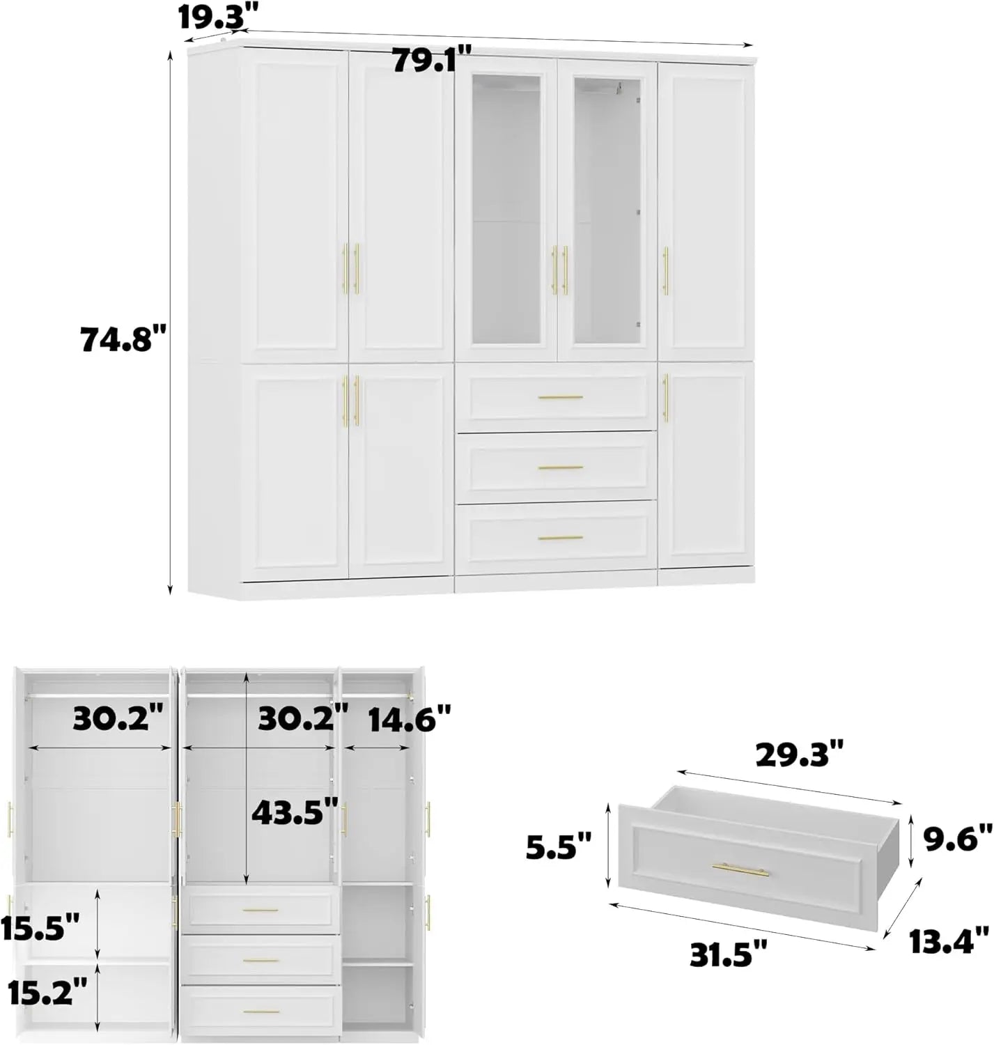 Modern Wardrobe Closet with Doors, White Armoire with Gold Handles & Drawers