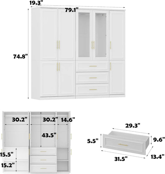 Modern Wardrobe Closet with Doors, White Armoire with Gold Handles & Drawers