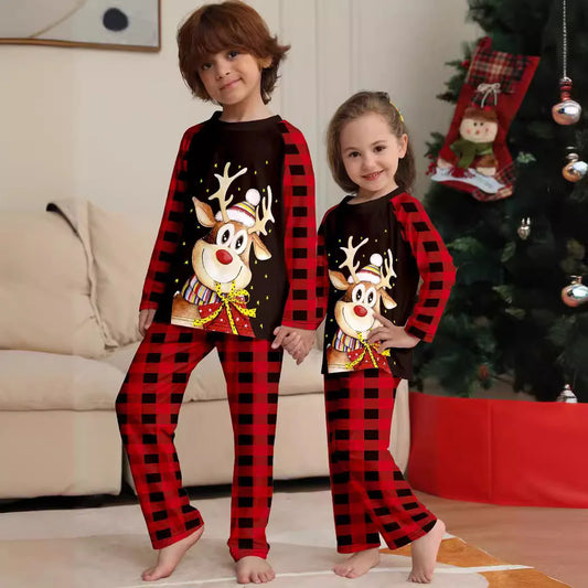 New checkered Christmas parent-child set  of pajamas with cartoon print of  a little deer