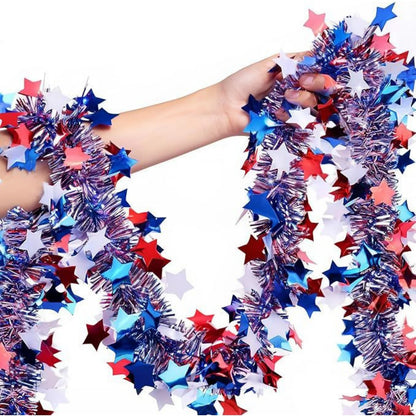 4th of July Garland Decorations,Glitter Tinsel Patriotic Decor for Tree Car Golf Cart Parade Float Bike Party Table Yard Door