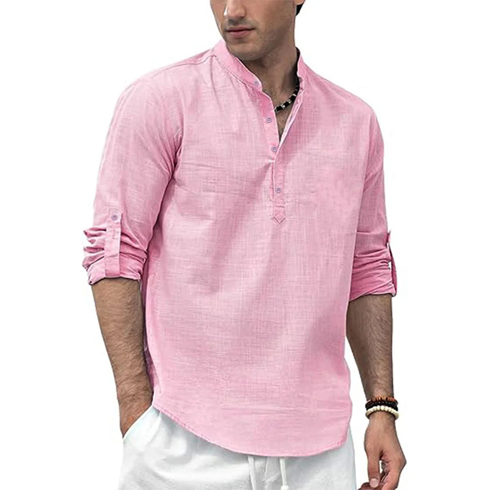 Men's Cotton /Linen Long Sleeve Shirt,  Lightweight with a  Henley Nec,  Beach- Style,  Solid Colors.