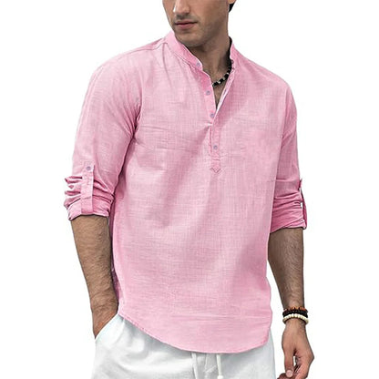 Men's Cotton /Linen Long Sleeve Shirt,  Lightweight with a  Henley Nec,  Beach- Style,  Solid Colors.