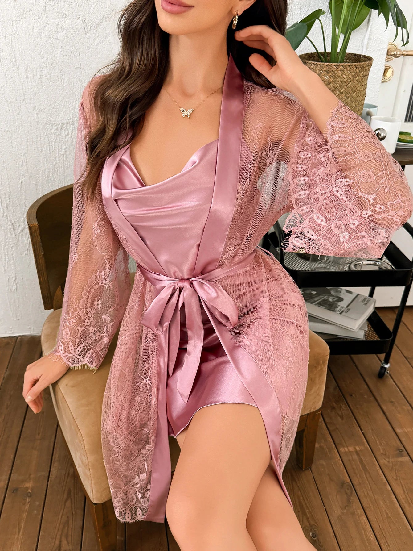 Hot Selling Solid Color Polyester Nightgown. Lace,  See -Through Robe For Women.  2pcs Set