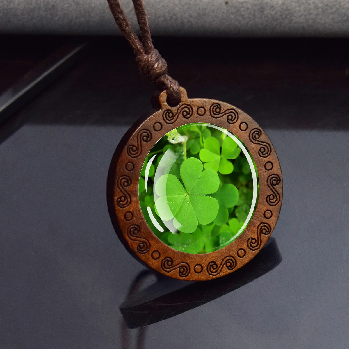 Four Leaf Clover Glass Dome Wooden Pendant Necklace,  Rope Chain,  Retro Jewelry,  St.Patrick's Day Gift