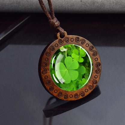 Four Leaf Clover Glass Dome Wooden Pendant Necklace,  Rope Chain,  Retro Jewelry,  St.Patrick's Day Gift