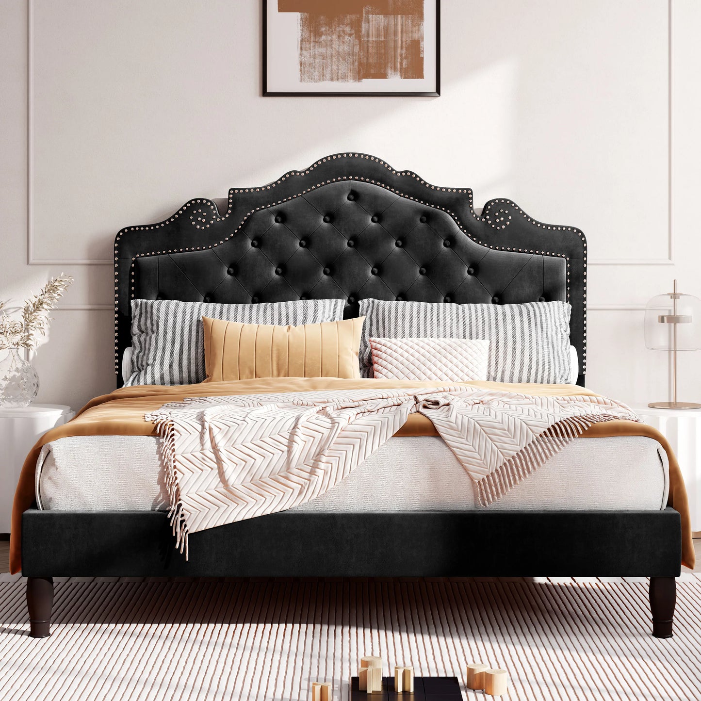 Bed Frame with Adjustable Velvet Tiara Headboard, Upholstered Diamond Button Tufted Platform Bed, Wood Slats Support,