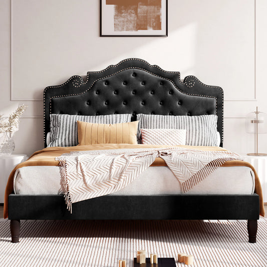 Bed Frame with Adjustable Velvet Tiara Headboard, Upholstered Diamond Button Tufted Platform Bed, Wood Slats Support,