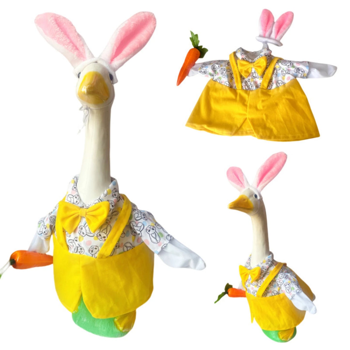 Easter Bunny Porch Goose with  Outfits For Cement Goose .  ' Lawn Goose Statue Clothes,  Bunny Ears on  Hat. Easter Decor