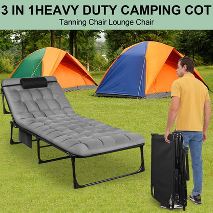 Portable Folding Camping Cot - 3-Position Adjustable Reclining Lounge Chair with Pillow, Outdoor Sleeping Bed (68cm Wide)