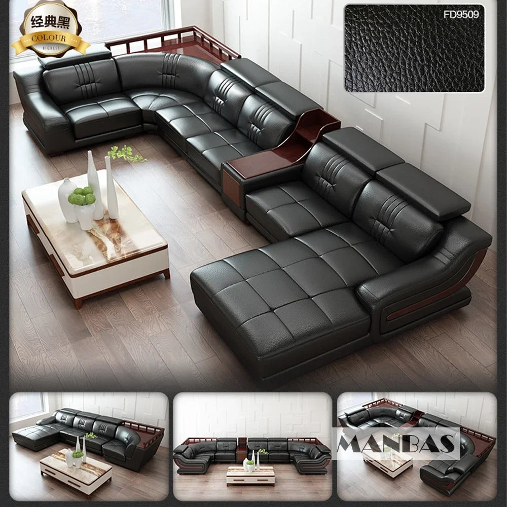 Premium Italian Genuine Leather Sofa Set.  Big Sectional Couch for Living Room,  With Adjustable Headrest