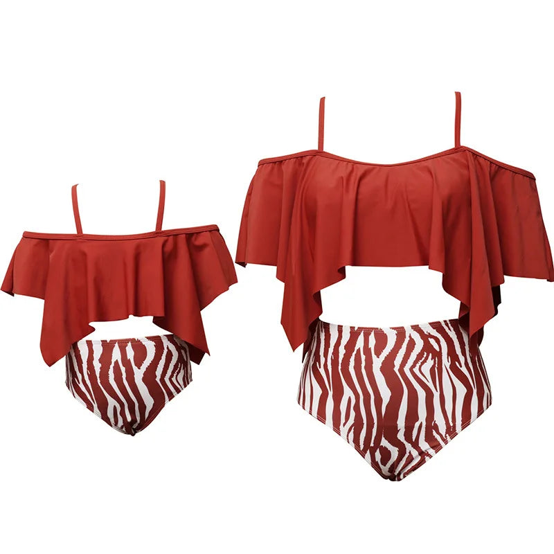 Ruffled Mother /Daughter Matching Swimsuits,  O-Neck,  Mom /Baby,  Woman /Girls Swimwear