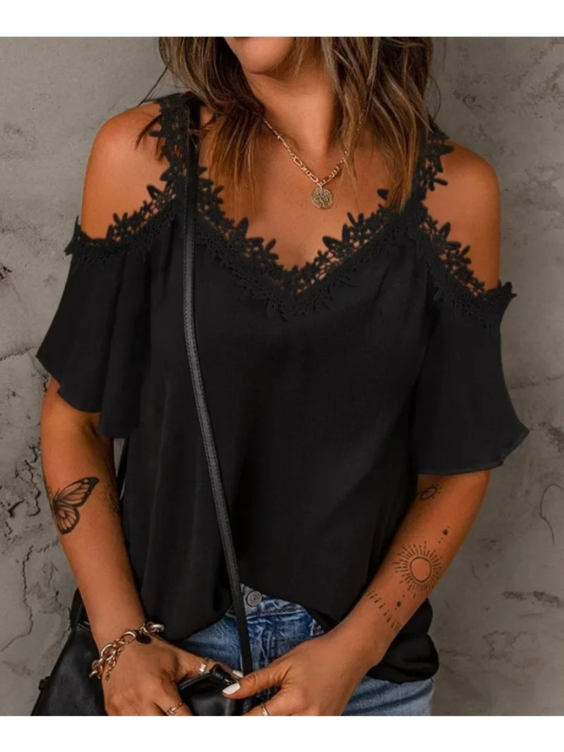 Women's Summer Solid Color Lace Short Sleeve Casual T-shirt Fashion V-neck Short Sleeve Off The Shoulder Sling T-shirt. WHITE in Small and  Large.  Black in Small and XL.  So CUTE, BUT No numbers unless you order NOW!!!