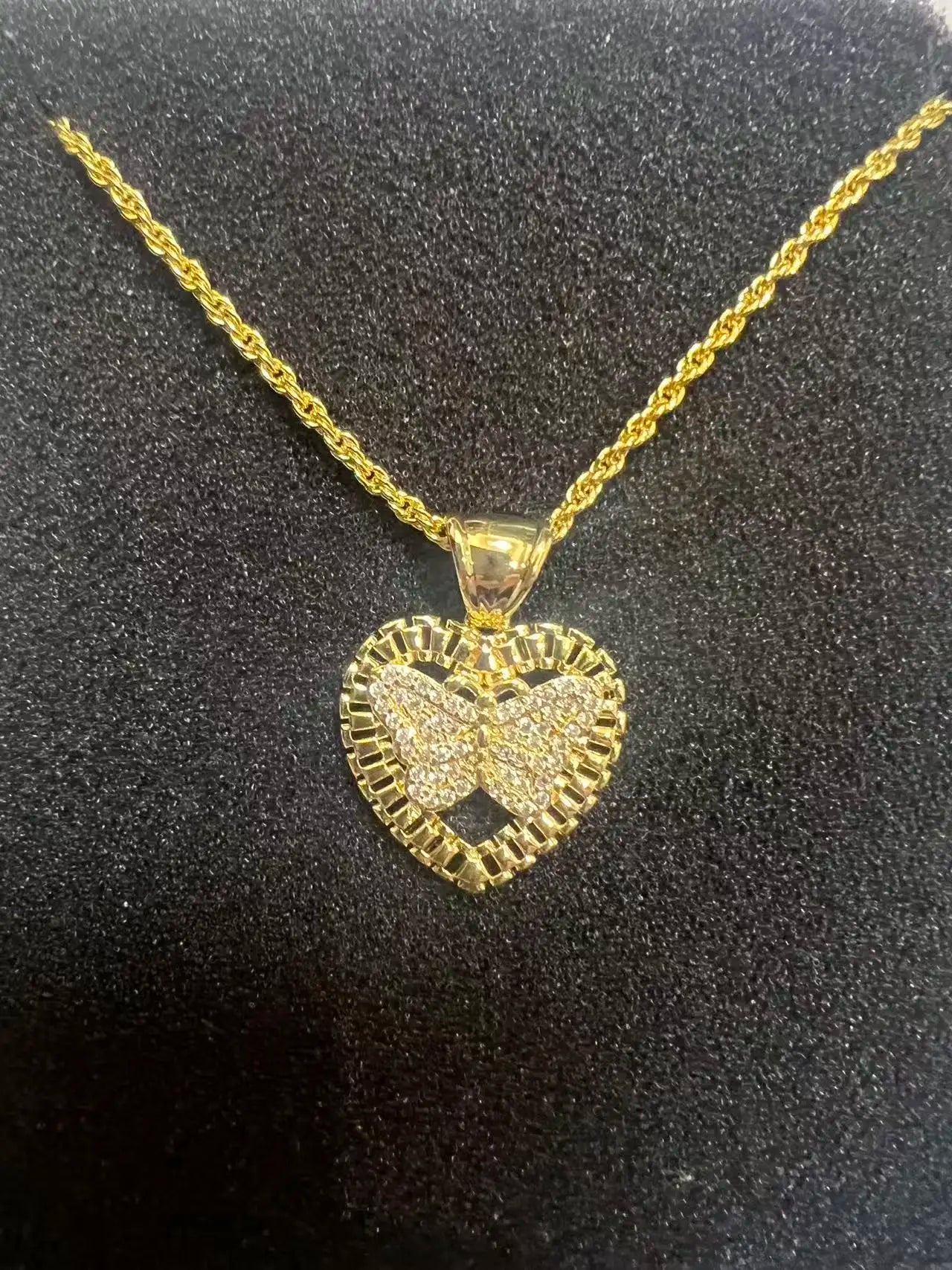 18K Gold Filled Rope Chain Necklace Nugget Heart Pendant