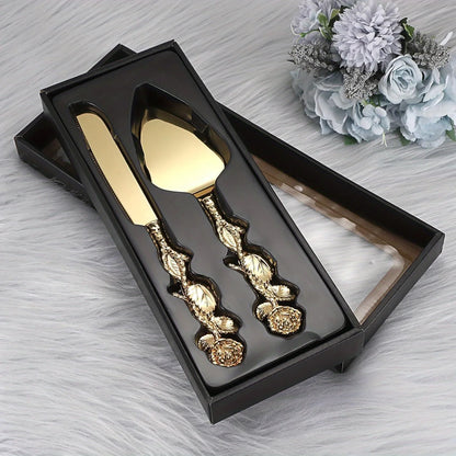 2pc.  Set of Golden Color Cake Knife and Spatula  with Luxury Rose Shaped Handle.   Cake Knife for Weddings,  Birthday Party,  Tableware Gifts
