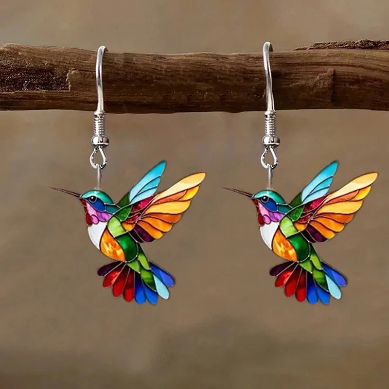 Acrylic Hummingbird Earrings For Women.  Retro Style Colorful Bird Drop Earrings.