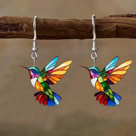 Acrylic Hummingbird Earrings For Women.  Retro Style Colorful Bird Drop Earrings.