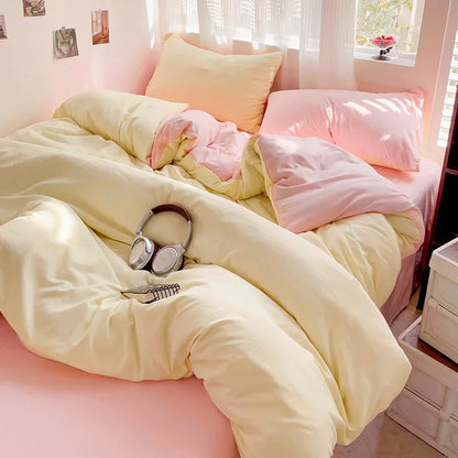 Solid Bed Linen Cotton Bedding Set 4pcs with Sheet Duvet Cover,  Pillowcases, Single/  Couple Bedsheet Single / Couple Twin Size