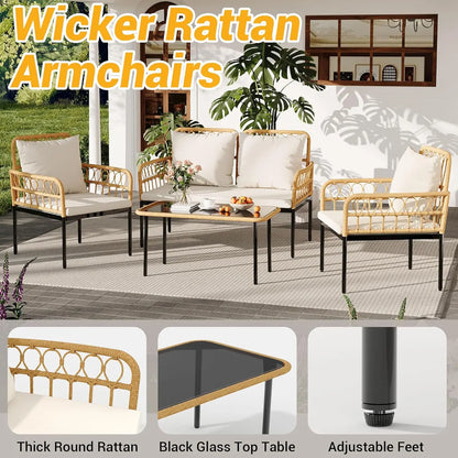 4 Piece Patio Furniture Set of  Wicker for  Outdoor Patio Table and Chairs Set with Glass Side Table, Loveseat Chairs, Boho Rattan