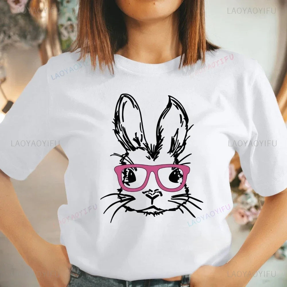 Bunny with Sunglass Unisex Retro Aesthetic T-shirt Funny. Happy Easter Bunny,  Cotton Tshirt, Ears  and Cute Rabbit