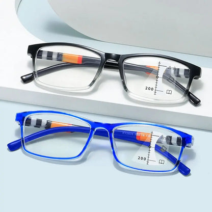 Multifocal Anti-Blue Light Reading Glasses, Progressive Near /Far, Blue Ray Blockin, Square Eyeglasses, Eye Protection Ultralight.  Two colors.  As shown, BLUE and also BLACK