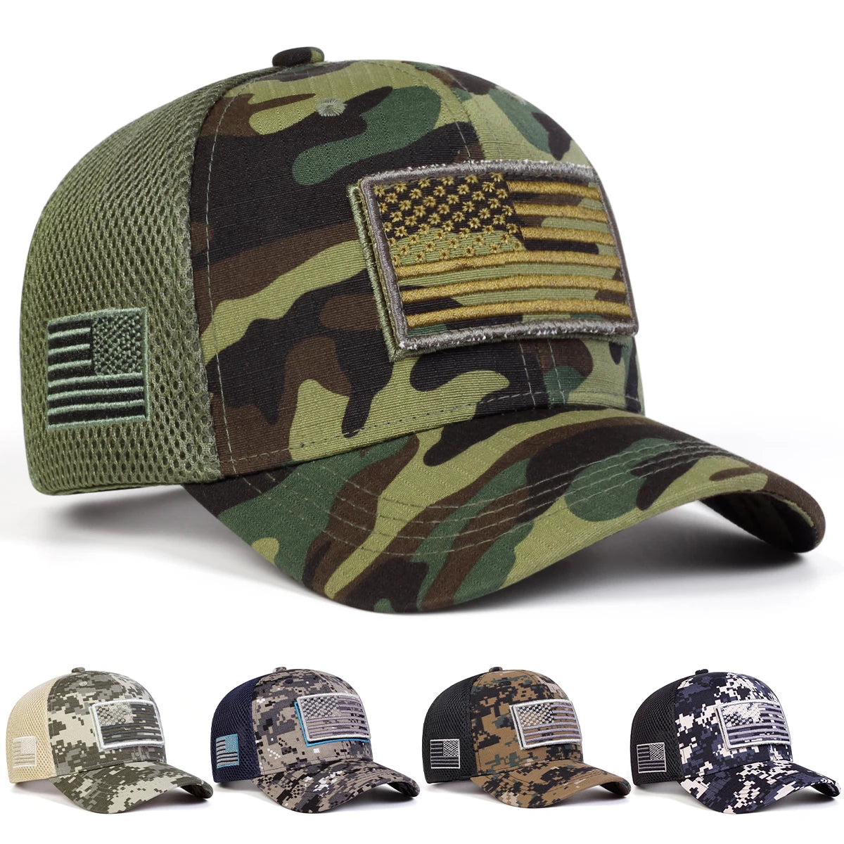 Unisex American Flag Embroidery Camouflage Baseball Net Caps.  Adjustable Sunscreen Cap