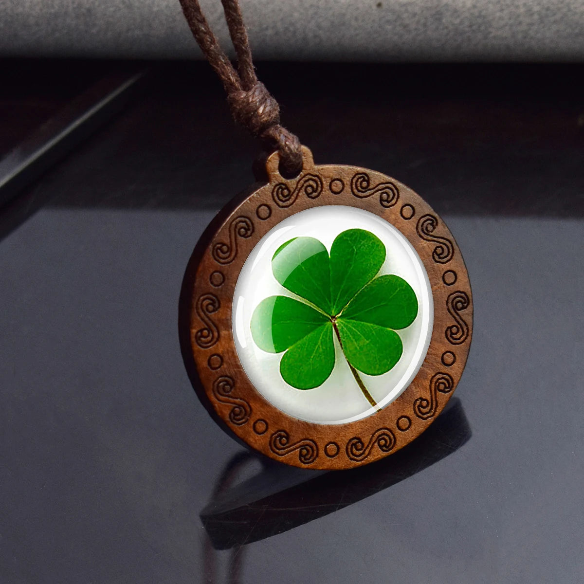 Four Leaf Clover Glass Dome Wooden Pendant Necklace,  Rope Chain,  Retro Jewelry,  St.Patrick's Day Gift