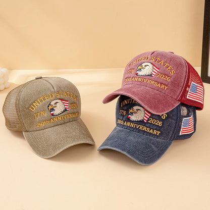 United States 250th Anniversary,  1776-2026 Bald Eagle Embroidered,  Washed Mesh,  American Flag , Adjustable Baseball Cap
