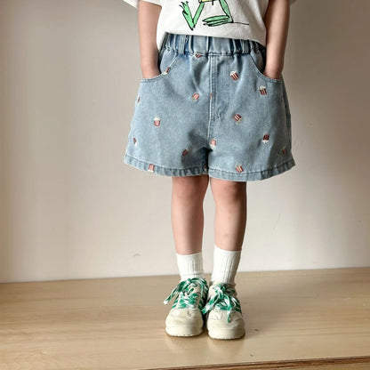Kids Denim Shorts for 80-150cm Boys  or  Girls. Popcorn Embroidery  with Elastic Waist, Casual Knee Length Teen Children Pants