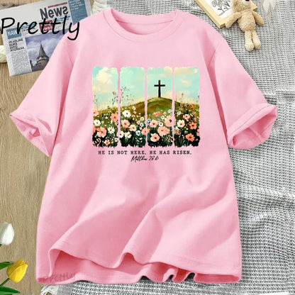 He Is Risen. Wildflower Print Tshirt  for Spring, Easter Designs. T-shirt Women Trendy Easter Christian