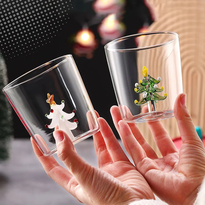 300ml Christmas 3D Glass Cup With Figurine Inside Stemless Glass For Wine Water Milk Goblet-drinking Glass Coffee Mug 1/2/4pcs