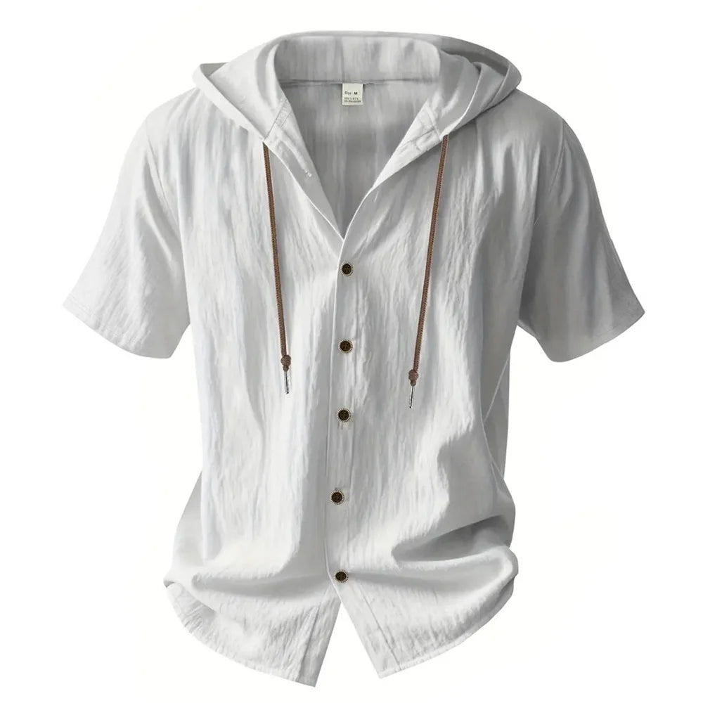 Cotton Linen Shirt for Men, Hooded,  Short Sleeve,  Solid Colors, Breathable and Lightweight with Drawstring Design.