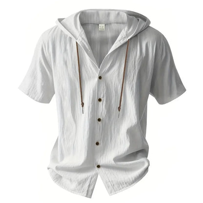 Cotton Linen Shirt for Men, Hooded,  Short Sleeve,  Solid Colors, Breathable and Lightweight with Drawstring Design.