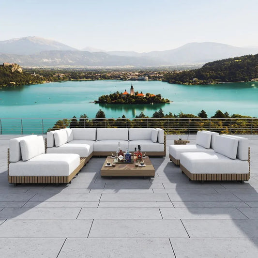 Modern Luxury Outdoor Garden Patio Furniture Teak Sofa Set Teak Outdoor Furniture.   Several arrangements and Furniture pieces to pick from.