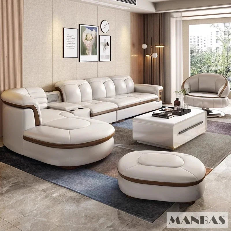 Luxury L-Shaped Genuine Leather Sectional Sofa Sets with USB, Bluetooth Speaker - Living Room, Italian Leather Couches