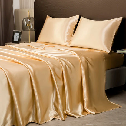 Solid Color Satin Sheets  and Pillowcase Set，Luxurious Bedding Ensemble with a Silky Sheen，Twin/Full/Queen/King Size