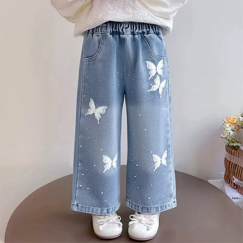 Girls Print Denim Pants.   New BlingBling Diamond Bow Jeans. Childrens  Clothes, Kids Straight Legged Pants,  Loose Trousers