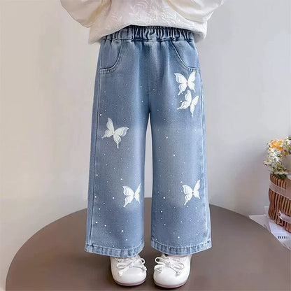 Girls Print Denim Pants.   New BlingBling Diamond Bow Jeans. Childrens  Clothes, Kids Straight Legged Pants,  Loose Trousers