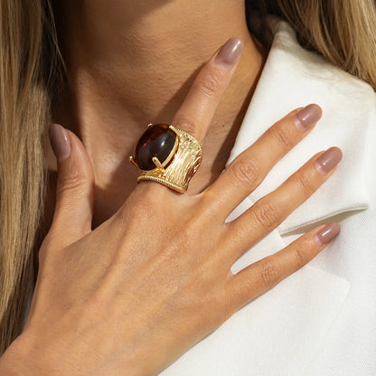 Rock Punk Hip Hop Vintage Elegant Black Brown Shading Resin Stone Chunky Metal Ring for Women Girl Jewelry Gift 2026 NEW