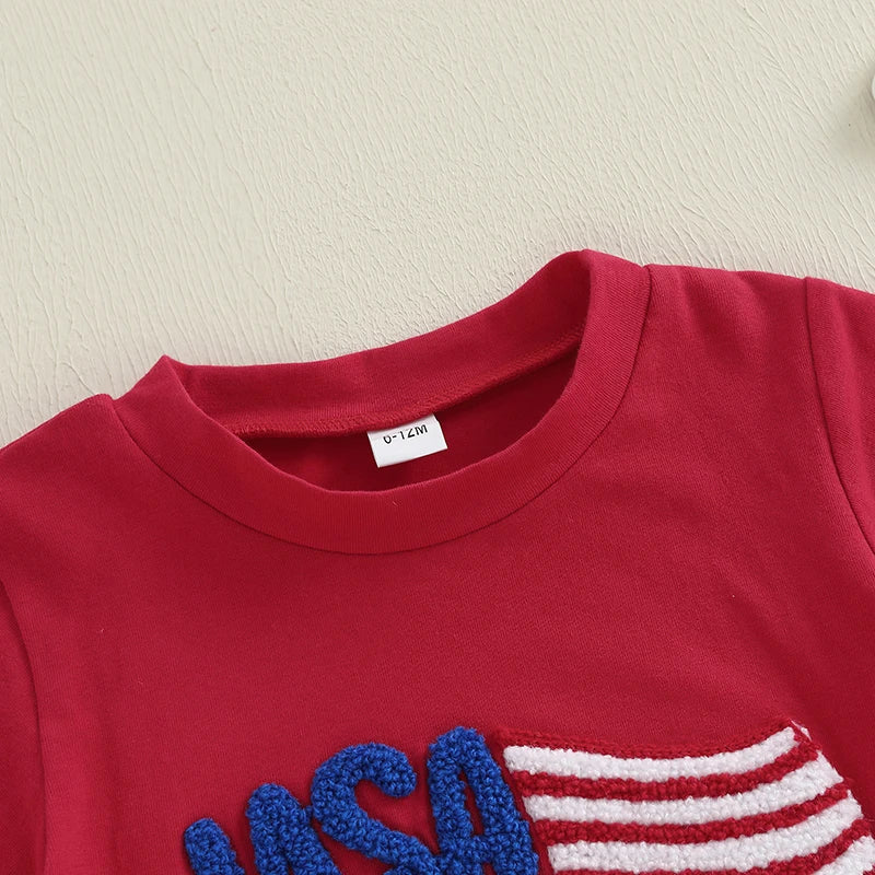 2025-02-22 Lioraitiin Baby Boys Patriotic Outfits Flag Embroidery Short Sleeves T-Shirt and Elastic Striped Shorts Clothes Set