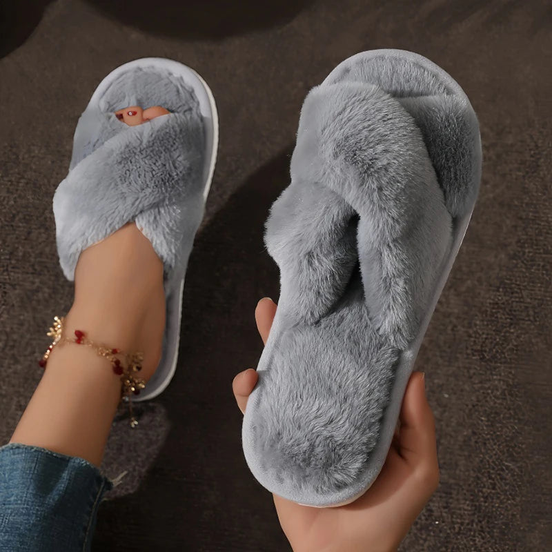 Womens Cross -over Warm,  Fluffy Slippers.  Lightweight,  Flat Heels with Fur Slides. For  Autumn, Winter, Spring. Open Toe and -Non -Slip for Home Floors.