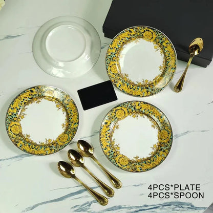 Golden Edge Luxury Tableware Set, Western Dinner Plate, Steak Flat Tray, Bone China Dinnerware Set, Coffee Cup, 10 ", 8" plates