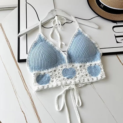 National Style Women Swimwear Top with Chest Pads Bohemian Beach Wear Outfit Crochet Hanging Neck Summer Sling Beach Vacation